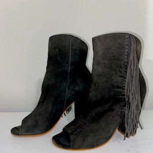 Peep toe fringe booties